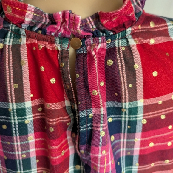 Crown & Ivy red pink gold foil polka dots ruffled long balloon sleeve top sz L - Picture 7 of 10